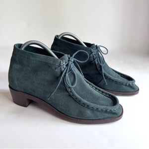 Anthropologie Bird of Flight Stacked Heel Ankle Boots Green Suede Size 9